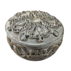 Round Decorative Jewelry Trinket Box With Embossed Floral Victorian ornate regal